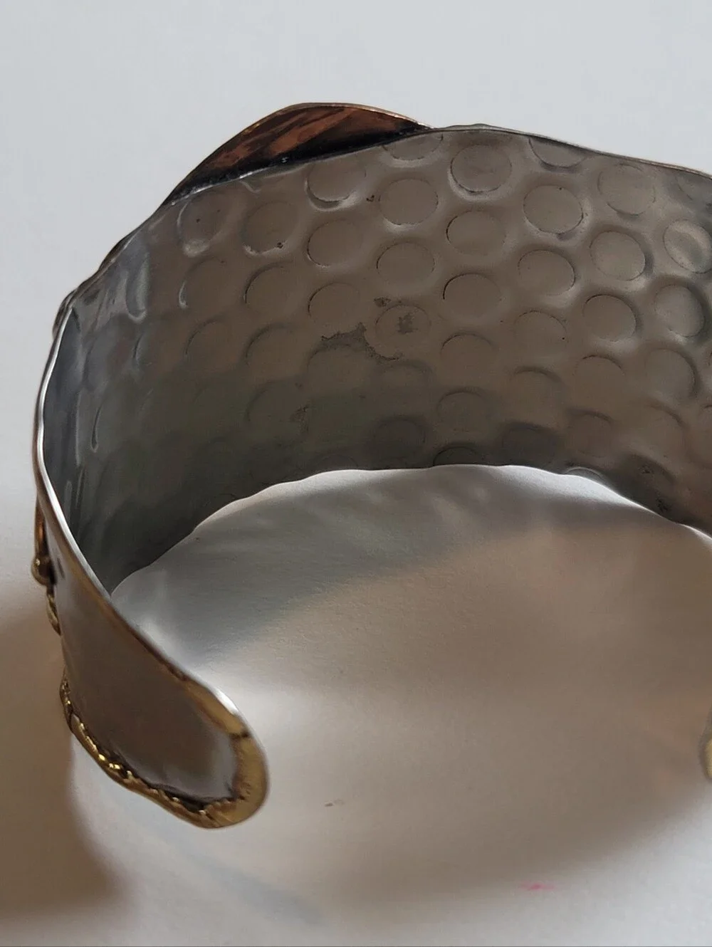 Artisan Leaf Motif Mixed Metal Cuff Bracelet - Gold Silver & Copper Tones - Adj